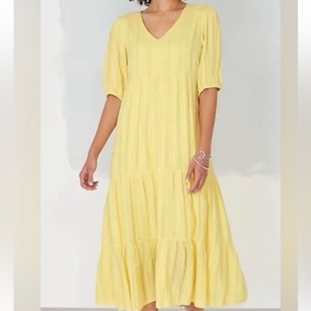 J. Jill Yellow V-Neck Tiered Midi Dress